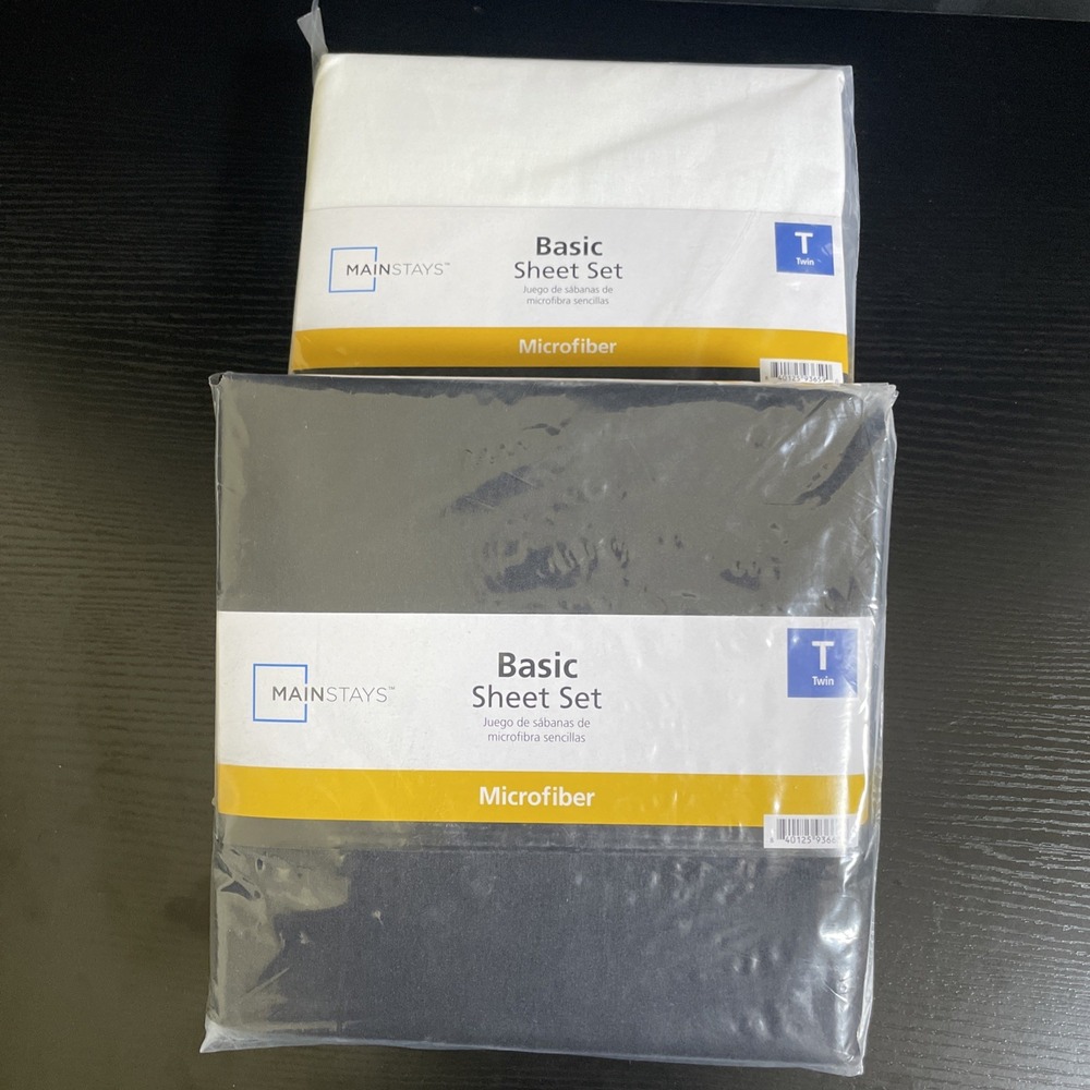 Lot of 2 Sets Mainstays Basic Microfiber 3 Piece Twin Sheet Set White & Black